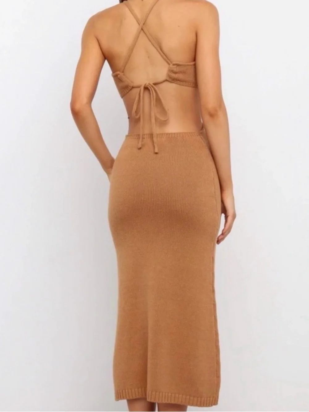 Petal & Pup Tan Cut-Out Knit Midi Dress | Open Back Tie Vacation Bodycon Size 2 - Picture 4 of 6